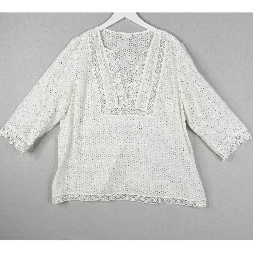 J. Jill Eyelet Blouse Women XL White Lace Trim 3/4‎ Sleeve V-Neck Cotton